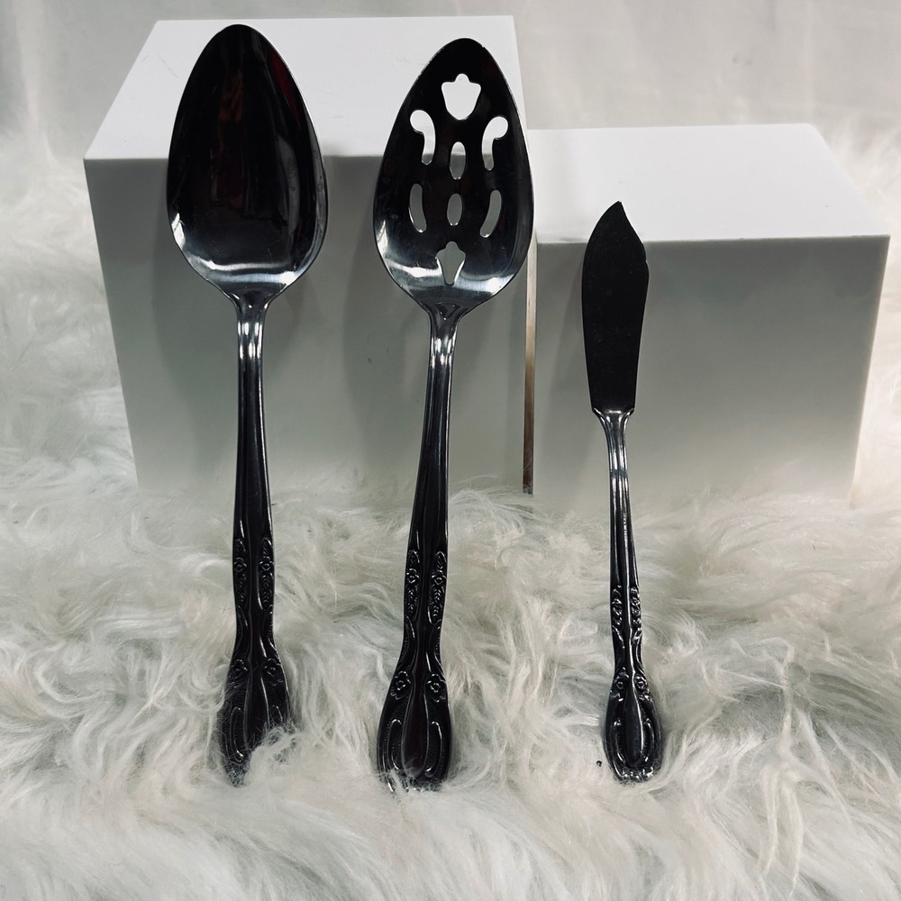 National Stainless Japan‎ Floral Serving Set Slotted Spoon Solid Spoon Spreader